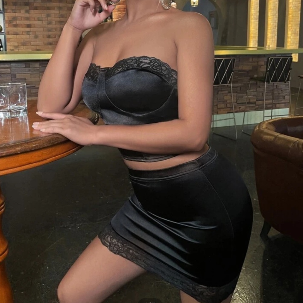 Lace Trim back bustier satin top and skirt